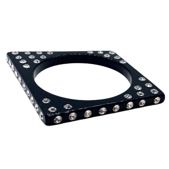 Black Acrylic Bangle Bracelet, Geometric Shaped, Swarovski Crystal Rhinestones - Picture 9 of 14